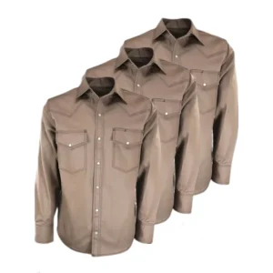 Khaki Men’s Long Sleeve NFPA 2112 Flame Retardant Work Shirt Anti-Static FRC Pearl Snap Welding Workwear
