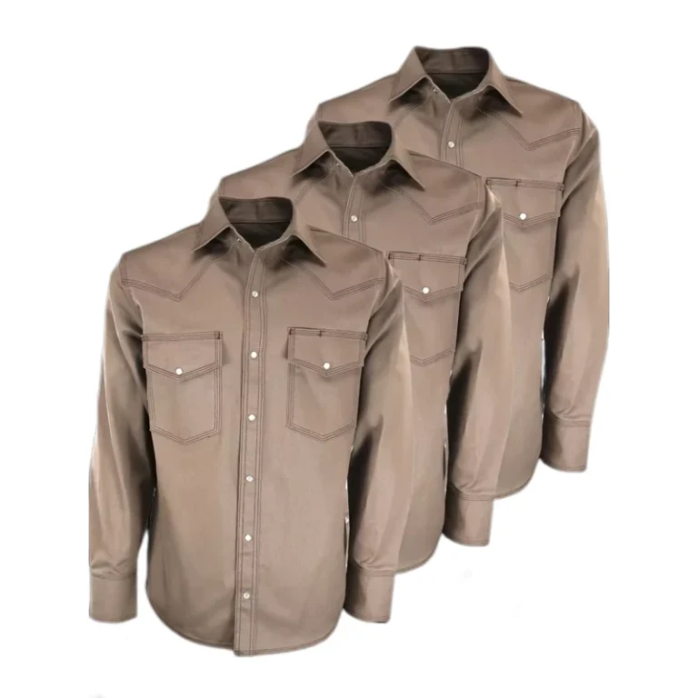 Khaki-Mens-Long-Sleeve-NFPA-2112-Flame-Retardant-Work-Shirt-Anti-Static-FRC-Pearl-Snap-Welding-Workwear