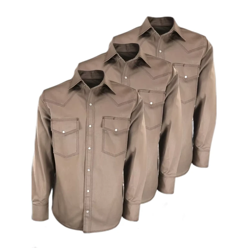 Khaki Men's Long Sleeve NFPA 2112 Flame Retardant Work Shirt Anti-Static FRC Pearl Snap Welding Workwear