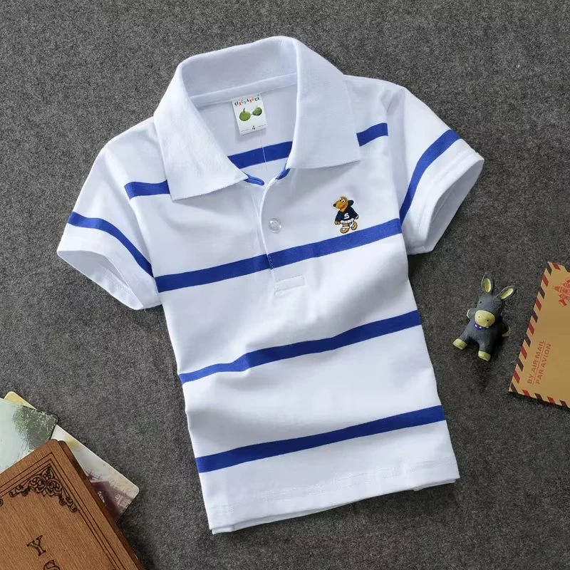 Kids Casual Polo Shirts Short Sleeve Cotton Striped Turn-Down Collar Logo Kids 1-14 Years Polo T-Shirt