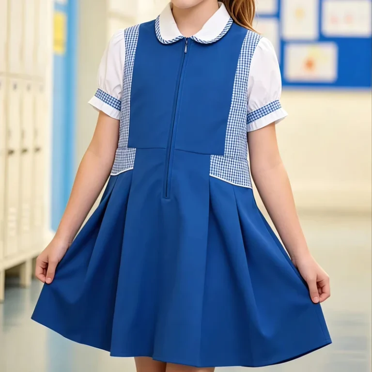 Kids-Girls-Short-Sleeve-School-Uniform-Dress-Blue-Check-Patchwork-Front-Zipper-Pleated-a-Line-Primary-School-Uniforms
