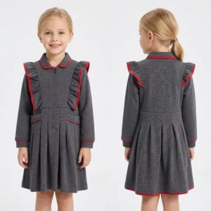 Kids’ Long-Sleeve School Uniform with Grey and Red Trim, Pleated A-Line Design, Breathable and Anti-Pilling Fabric