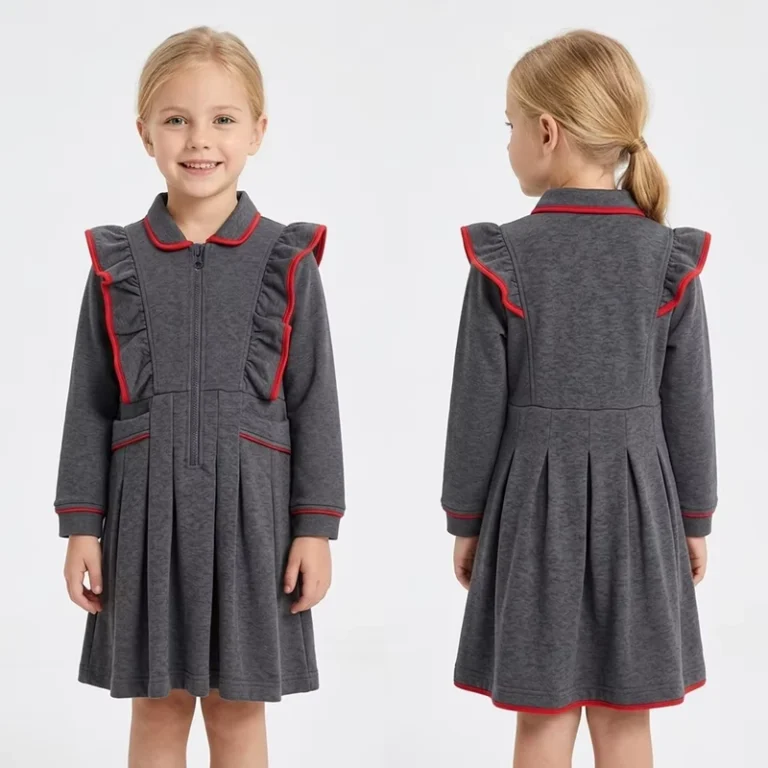 Kids-Long-Sleeve-School-Uniform-with-Grey-and-Red-Trim-Pleated-A-Line-Design-Breathable-and-Anti-Pilling-Fabric