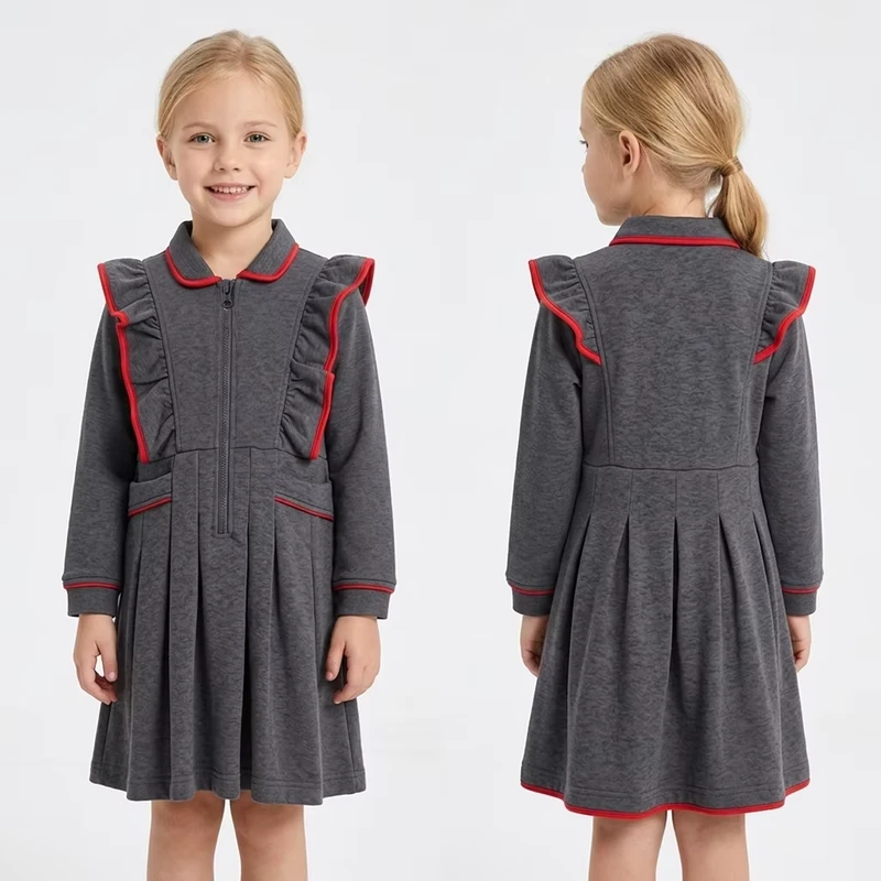 Kids’ Long-Sleeve School Uniform with Grey and Red Trim, Pleated A-Line Design, Breathable and Anti-Pilling Fabric