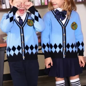 Kids Polyester Formal School Uniform Set with Sweater Vest, Shirt, Tie, Plaid Skirt, and Pants
