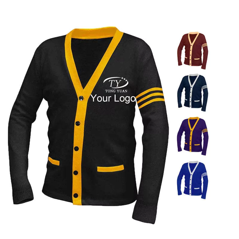 Knit Sweater Custom Clothes Manufacturer Men Classic Long Sleeve Uniform Color Block Button V Neck Unisex Cardigan Sweater