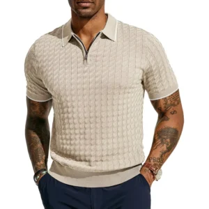 Knit T Shirt Men’s Breathable Solid Pattern Quarter Zip for Polo Shirt Short Sleeve Knit for Polo