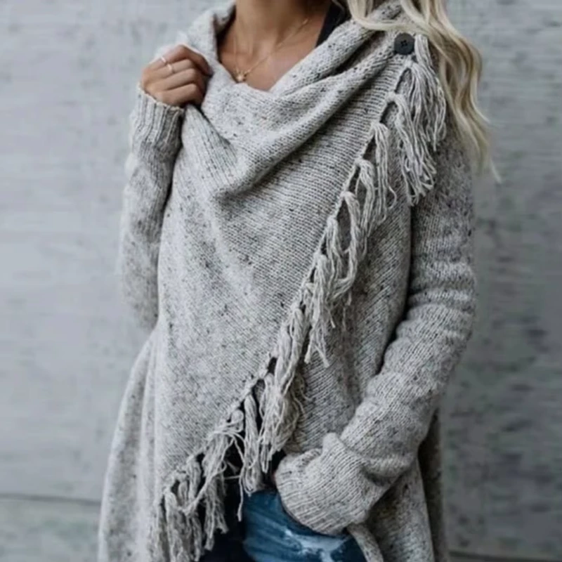 Knitted Long Sleeve Sweater From European and American Source Manufacturers Solid Color Grey Design with Ribbed Tassels Garment