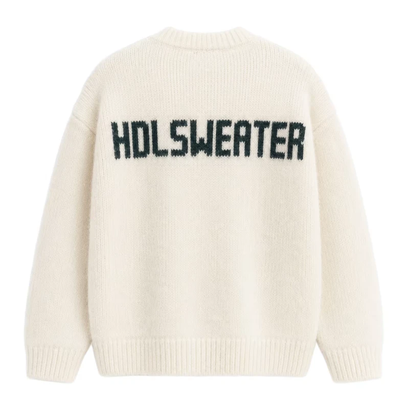 Knitwear Manufacturer Custom Design Logo Contrast Jacquard Letter Brushed Knitted Alpaca Wool Pullover Sweater Men