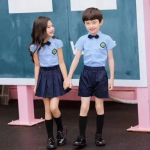 Korean Primary School Kindergarten Kids Sky Blue School Uniforms Shirt and Skirt Sets