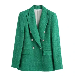Korean Solid Color Women’s Suit Fashion Vintage Slim Double Breasted Tweed Pocket High quality Women’s Coat