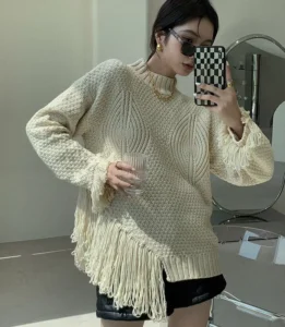 Ladies Fringed Shawl Elegant Twist Crew Neck Knitting Sweater Solid Color Long Sleeve Poncho Style Sweaters
