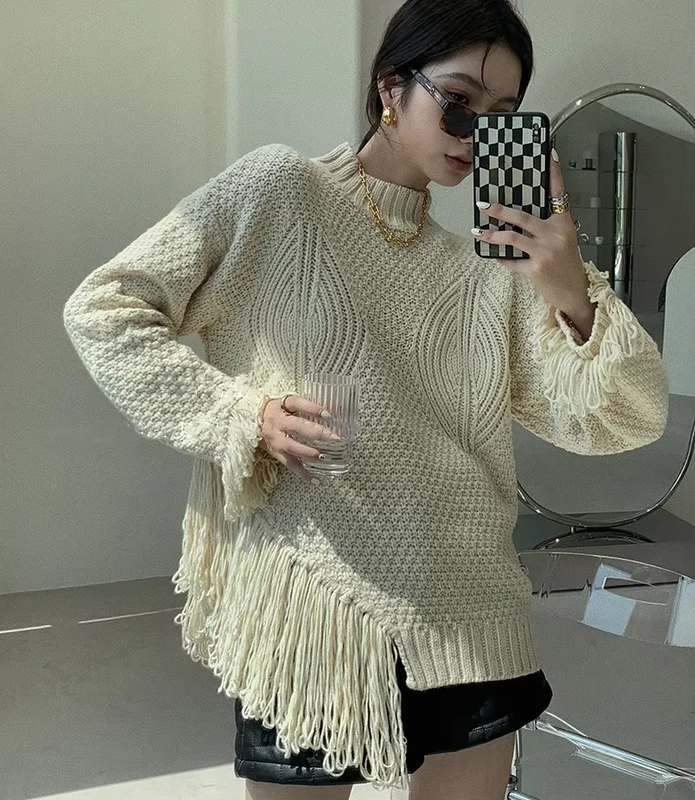 Ladies-Fringed-Shawl-Elegant-Twist-Crew-Neck-Knitting-Sweater-Solid-Color-Long-Sleeve-Poncho-Style-Sweaters