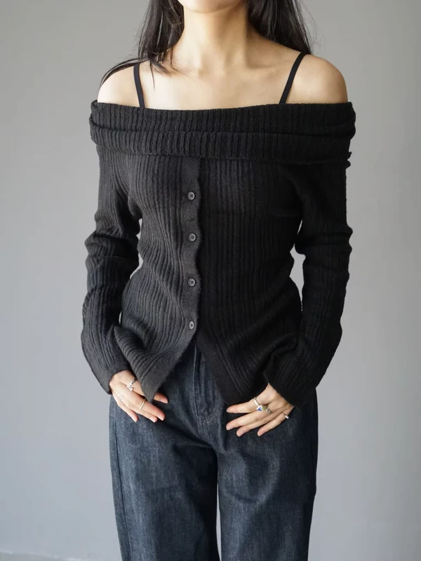 Ladys-Vintage-Soft-and-Flowing-Frilled-Knitted-Sweater-with-Button-Detail-Spring-Season-Open-Shoulders-and-Long-Sleeves