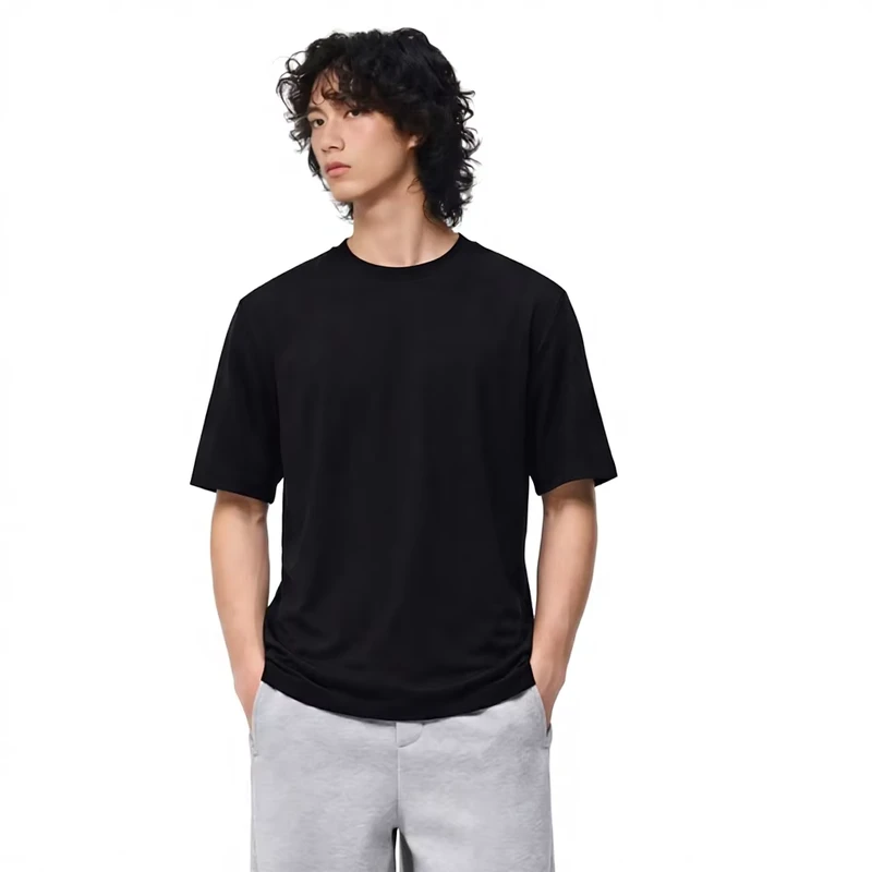 Lanjing for Modal Blended Vintage Solid Blank Loose fitting Breathable Shoulder Ration Short sleeved Crewneck Micro elastic