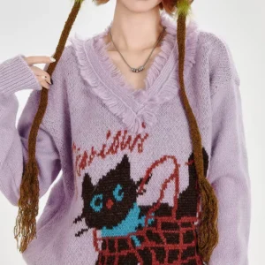 Lavender Cat Print Fringe Sweater Soft Comfortable Playful Essential Sweater