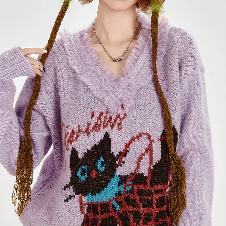 Lavender-Cat-Print-Fringe-Sweater-Soft-Comfortable-Playful-Essential-Sweater