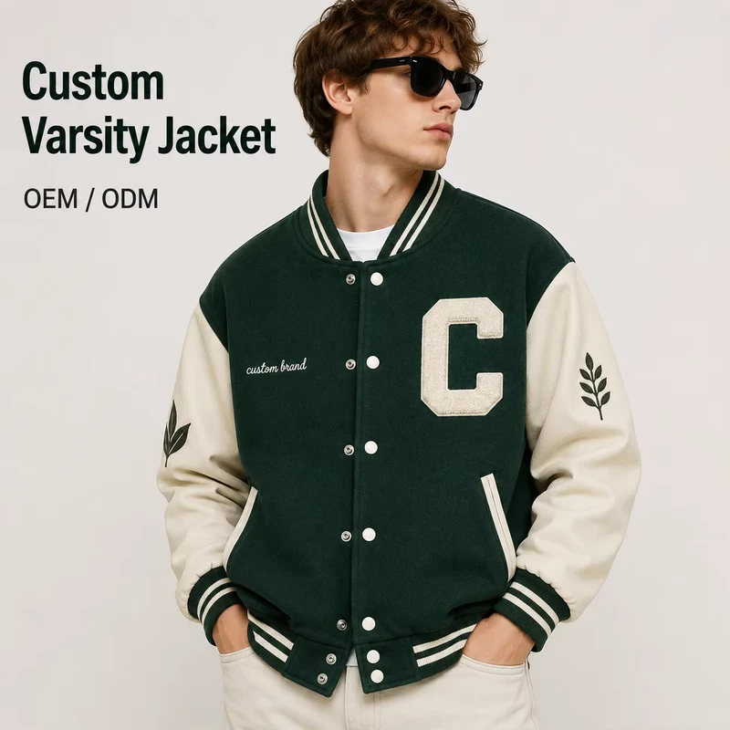 Letterman Jacket Men's Dark Green Beige High Streetwear Heavyweight Wool Body Leather Sleeves Varsity Jacket