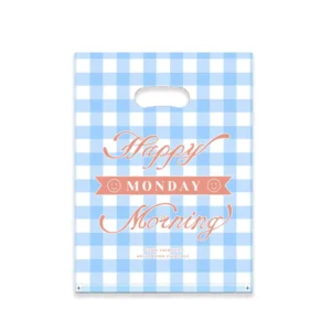 Light Blue Gingham Plastic Shopping Bags with Handles, Happy Monday Morning Print