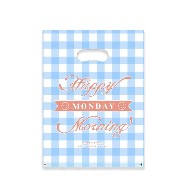 Light-Blue-Gingham-Plastic-Shopping-Bags-with-Handles-Happy-Monday-Morning-Print
