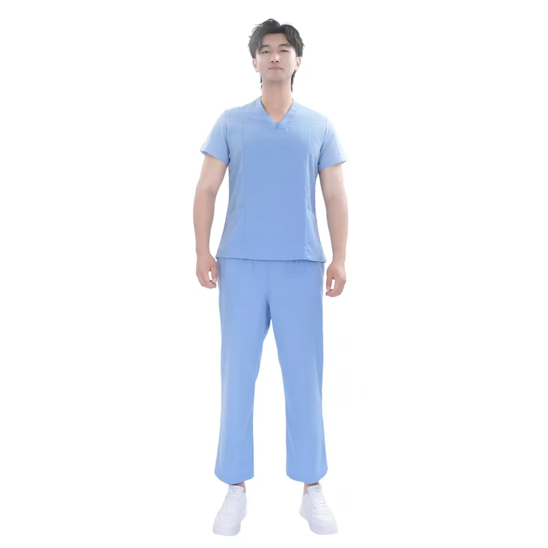 Light Blue Unisex TC Medical Scrub Set Hospital Uniform Elastic Waist Pants