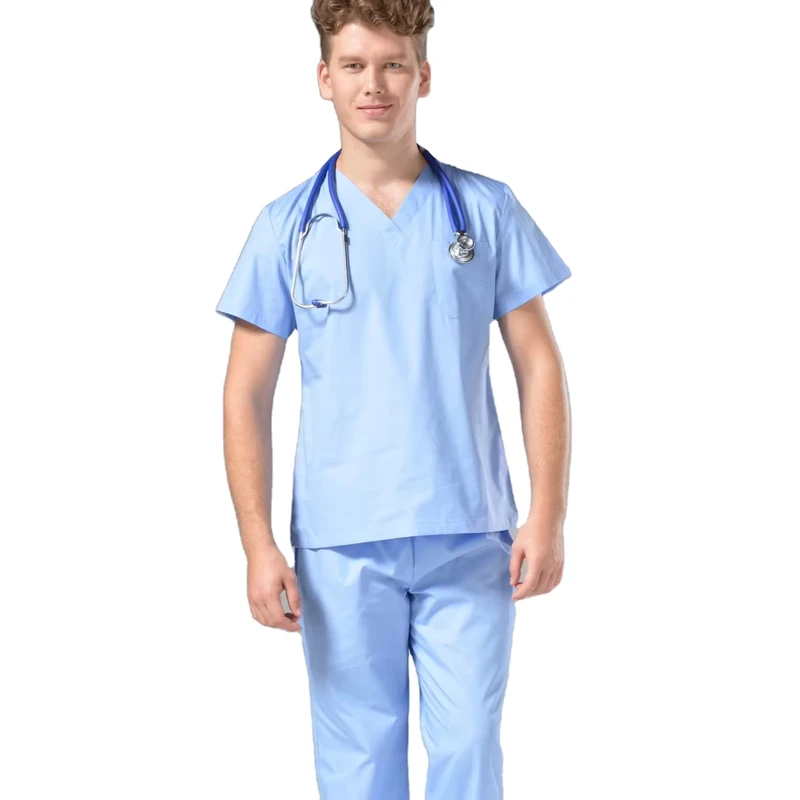 Light Blue V-Neck Nurse Medical Scrub Set with Top and Pants