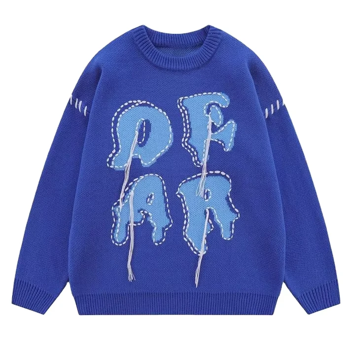Logo Custom Letters Crew Neck Oversized Sweater Unisex Knitwear Streetwear Loose Casual Tassel Sweater Pullover Knit Sweater