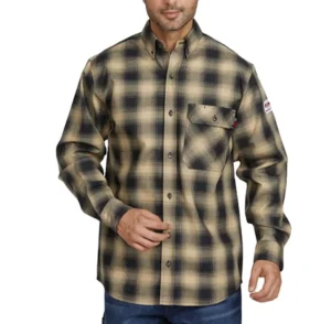 Long Sleeve Heavyweight Plaid Casual Shirts Fire Retardant FR Work Shirts Rugged Shacket Button Up