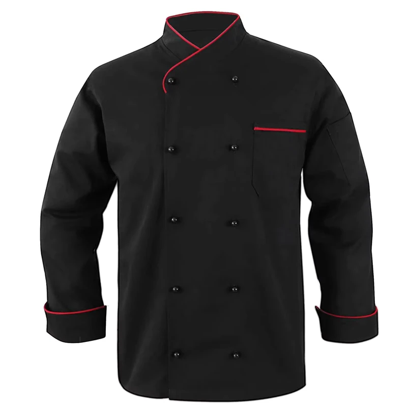 Long Sleeve Restaurant Chef Uniform Button Chef Jacket Easy-Care Twill Black Chef Coat