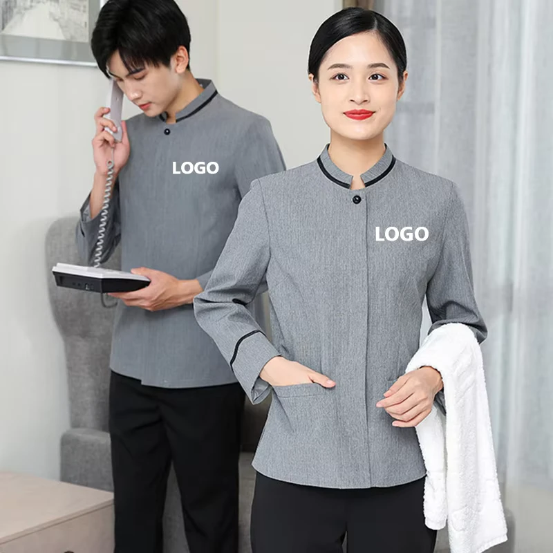 Long Sleeve Restaurant Cleaner Staff Waiter Embroidery Workwear Custom logo Hotel Housekeeping Uniform