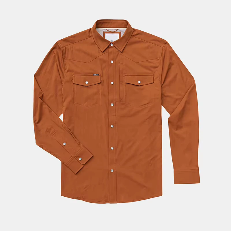 Long Sleeve Texas Orange Color Nylon Spandex Men's Western Shirts With Lens Cloth Custom Men's Western Fishing Shirts
