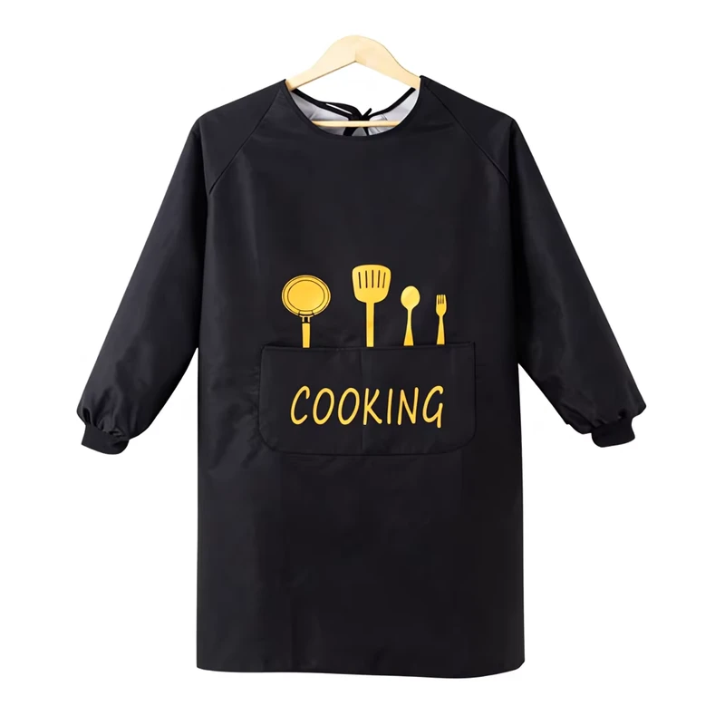 Long-Sleeve Women's Waterproof Oilproof Bib Apron Korean Style Printed Logo Restaurant Work Uniform