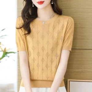 Loose Thin Large Size Casual Foreign Style Knitted Sweater Summer Hollow Meat Covering Versatile Top 100% Polyester Anti-Pilling