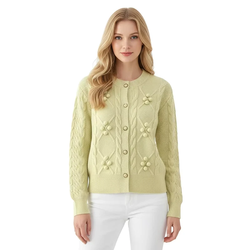 Low Moq Custom Women Knit Sweater Long Sleeve Crew Neck Ladies Sweater Cable Button Women Knit Cardigan