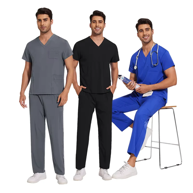 Male's Hospital Uniforms New Style Nurse Set Surgical Gown With Stretch Short Sleeves Tops and Pants