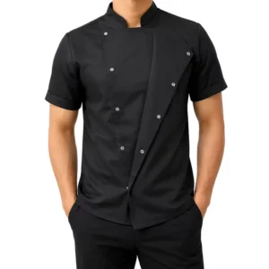 Mandarin Collar Double Breasted Short Sleeve Chef Work Uniform Jacket Custom Logo OEM ODM For Restaurant Hotel Catering Staff