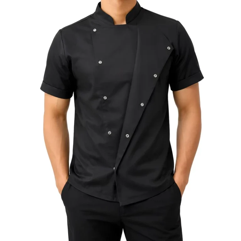 Mandarin-Collar-Double-Breasted-Short-Sleeve-Chef-Work-Uniform-Jacket-Custom-Logo-OEM-ODM-For-Restaurant-Hotel-Catering-Staff-1