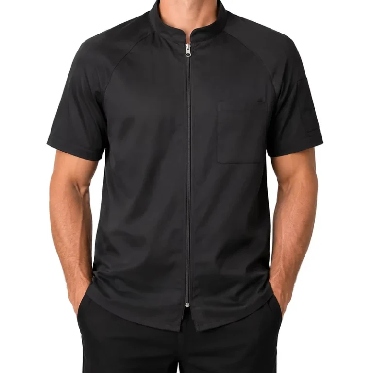 Mandarin-Collar-Full-Zip-Short-Sleeve-Anti-Bacterial-Mens-Chef-Uniform-Shirt-Seven-Solid-Colors-Custom-Chest-Sleeve-Print-Logo