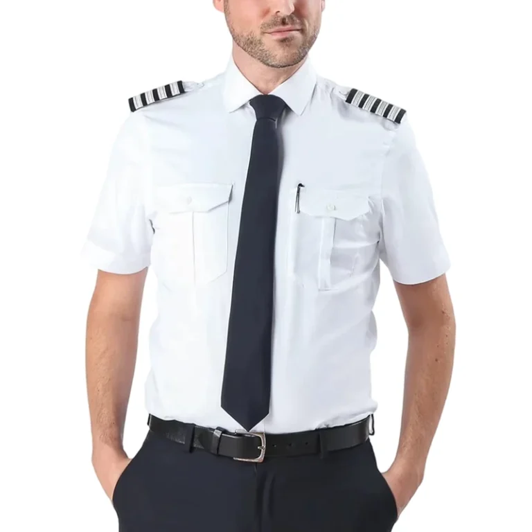 Manufacturer-Custom-Logo-100-Cotton-Pilot-Shirt-Mens-Short-Sleeve-Uniform-with-Shoulder-Epaulets-and-Pockets-Airline-Wear