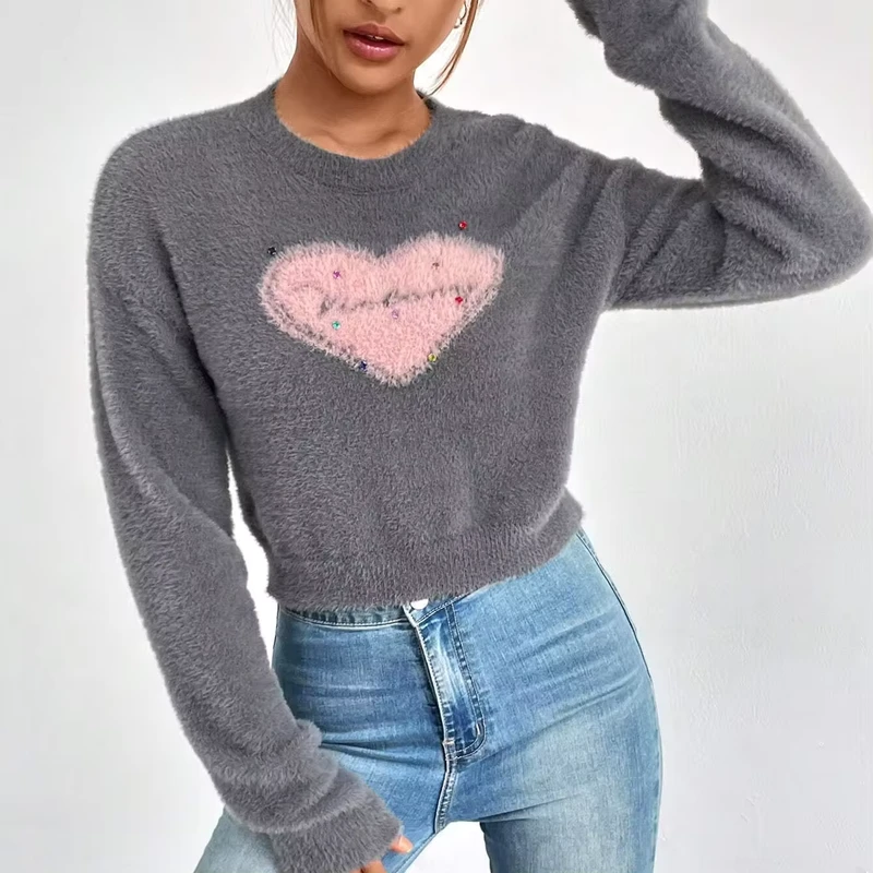 Manufacturer Custom Pink Heart Drop Shoulder Women's Sweater