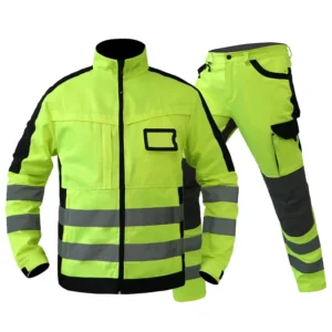 Manufacturer Fluorescent Yellow Labor Protection Jacket and Pants Set with Hi Vis Reflective Stripes and Multiple Pockets