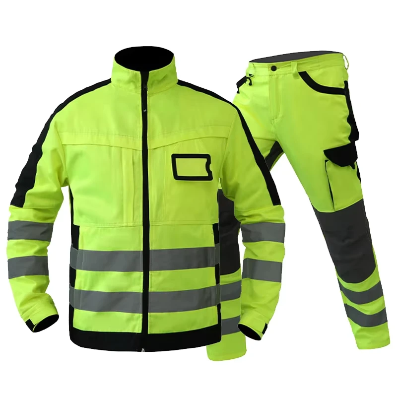 Manufacturer Fluorescent Yellow Labor Protection Jacket and Pants Set with Hi Vis Reflective Stripes and Multiple Pockets