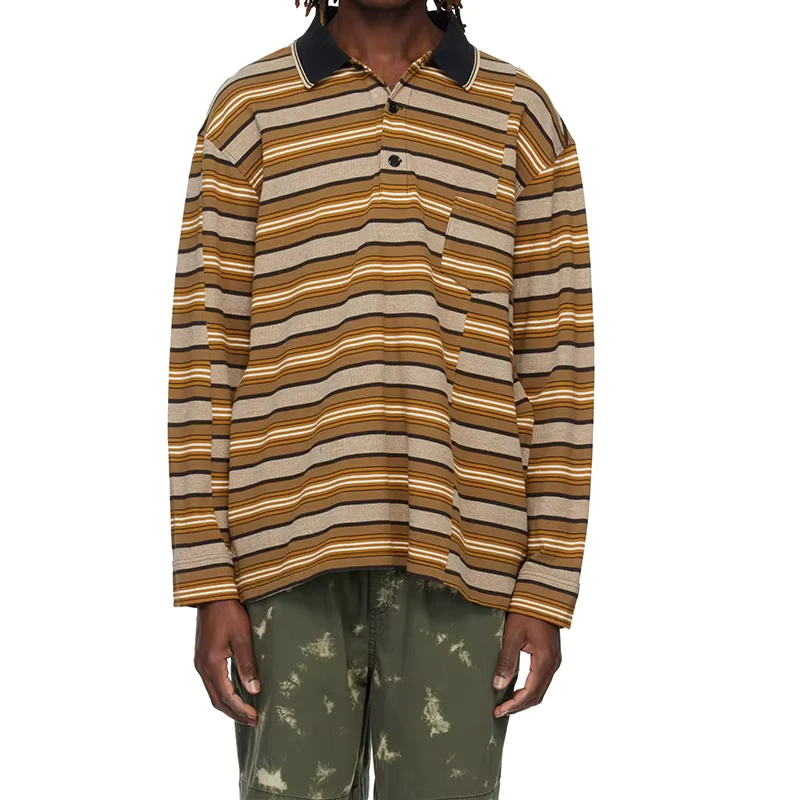 Manufacturer Streetwear Long Sleeve T Shirts Vintage Oversized Wide Striped Long Sleeve Polo Patchwork Striped Shirt Men
