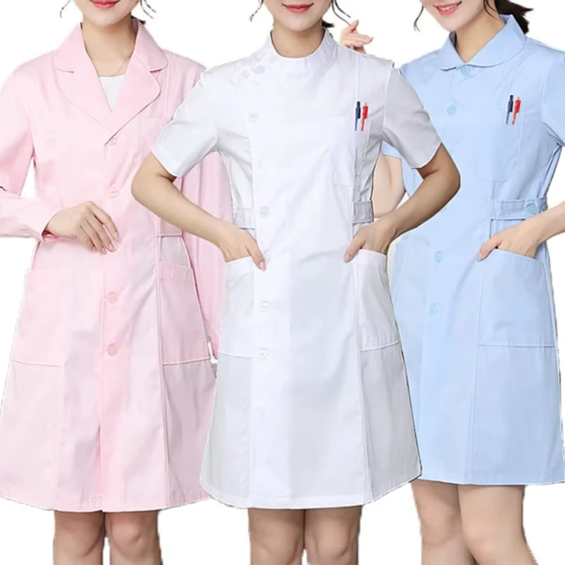 Medical Scrub Uniform Set with Short- and Long-Sleeve Tops and Lab Coat