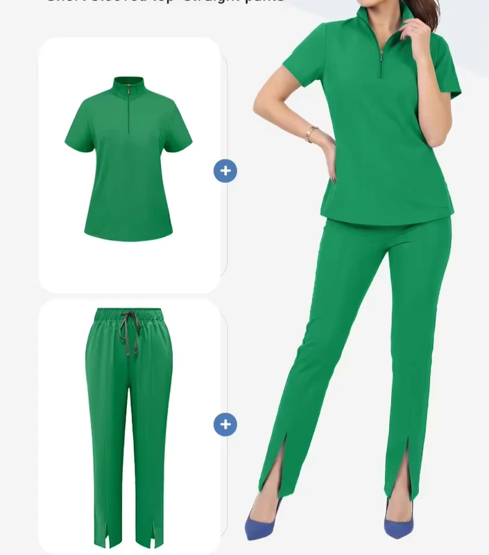 Medical Scrubs Set 4 Way Stretch Zipper Neck Top & Split Hem Pants Soft 94% Polyester 6% Spandex Nurse Uniform Workwear