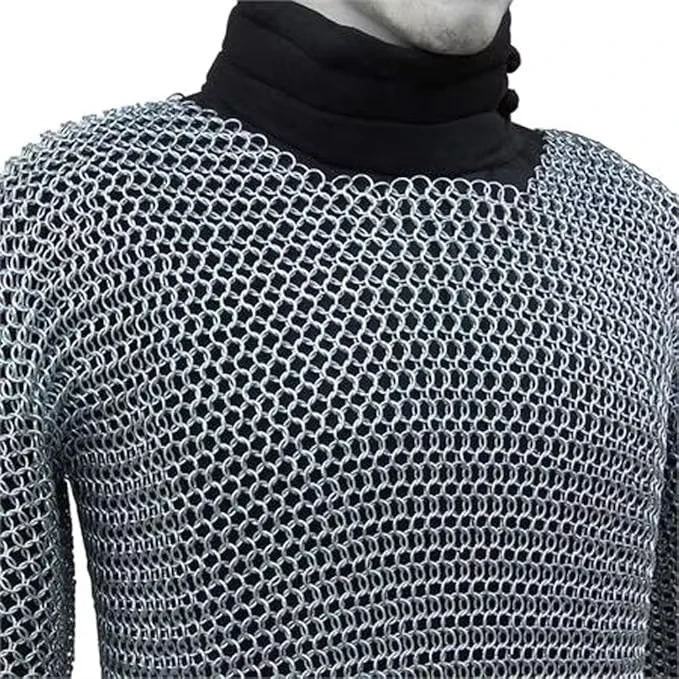 Medieval Knight Chainmail Shirt 6mm Riveted Metal Ring Armor Half Sleeve Hauberk Silver Medium Size