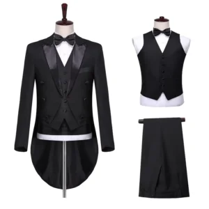 Men 3 Pieces Tailcoat Black Wedding Tuxedo Groom Suit Business Party Prom Singer Dancer Host Stage Dress