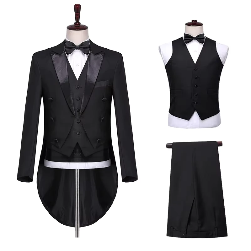 Men 3 Pieces Tailcoat Black Wedding Tuxedo Groom Suit Business Party Prom Singer Dancer Host Stage Dress
