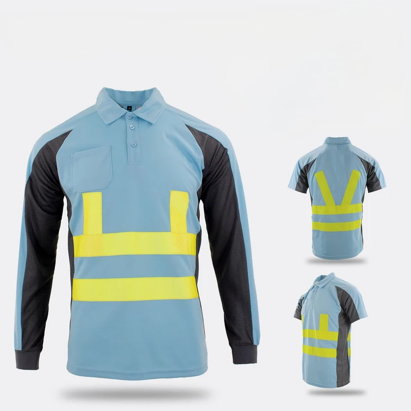 Men ANSI CLASS 3 Polyester Birdeye Mesh Long Sleeve Safety Reflective Hi Vis Polo Work Shirt with Pockets