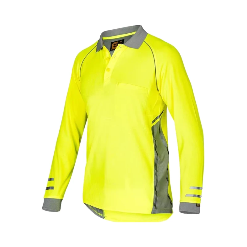 Men Birdeye Mesh Long Sleeve Safety Reflective Hi Vis Polo Work Shirt With Pockets for Workwear